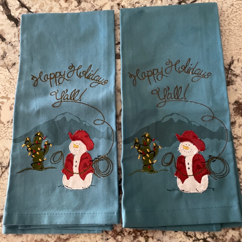 2-St. Nicholas Square Happy Holidays Y'all Kitchen Towels Western Cowboy Snowman